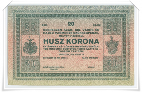 20 koronás debreceni szükségpénz 1919-ből