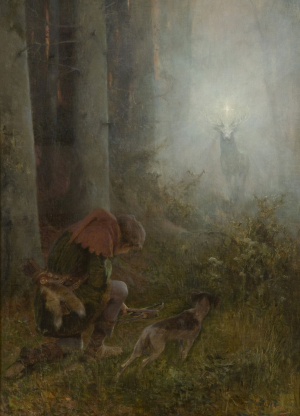 Charles Wilda (Bécs, 1854 – Bécs, 1907): Szent Hubertus látomása, é. n., olaj, vászon, 58,3x42 cm