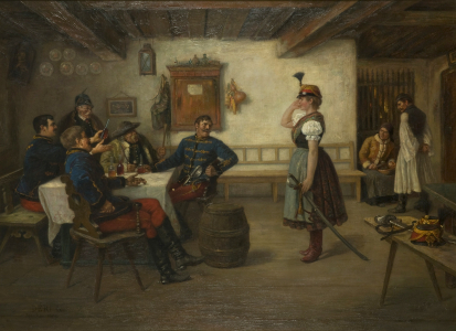 Déri Kálmán (Bács, 1859 – München, 1940): Huszárok a csárdában, 1899, olaj, vászon, 85x117 cm