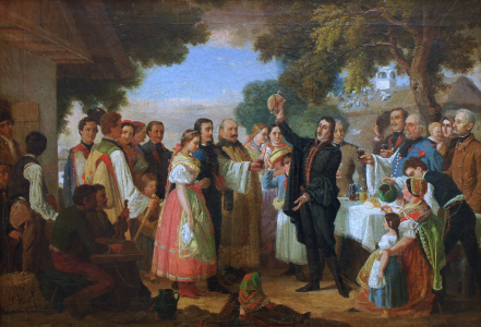 Jankó János (Tót-Komlós, 1833—Budapest, 1896): Csokonai a lakodalomban, 1869, olaj, vászon, 47x67,5 cm