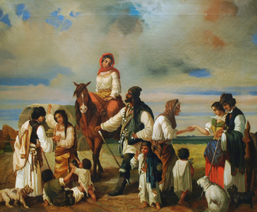 Jankó János (Tót-Komlós, 1833—Budapest, 1896): Cigányélet, 1854, olaj, vászon, 42x42 cm