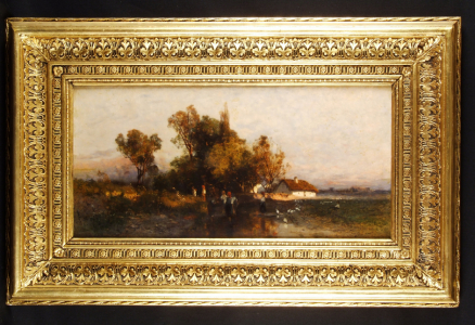 Mészőly Géza (Sárbogárd, 1844 – Jobbágyi, 1887): Faluvége (Esthangulat)1874, olaj, vászon, 31x63,5 cm