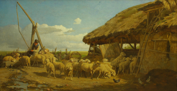 Pállik Béla (Nagymihály, 1845- Budapest, 1908): Juhnyáj az itatónál, 1871, olaj, fatábla, 121x64 cm