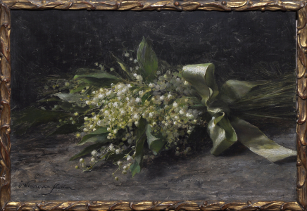 Wiesingerné Florián Olga (Bécs, 1844 – Grafenegg, 1926): Gyöngyvirágcsokor, é. n., olaj, falemez, 23x32 cm