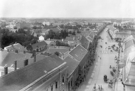 Debrecen látképe délnyugatra, a Hatvan utca felé a Püspöki palotából (Hatvan utca, Kismester / Bethlen utca, bérkocsi, lovaskocsi, háztetők) 1912 Zoltai Lajos felvétele