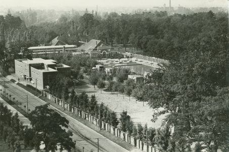 A nagyerdei fürdőtelep felülnézetből, a viztoronyból felvéve (strand, villamossín, kőkerítés 1930-as évek ismeretlen fényképész felvétele