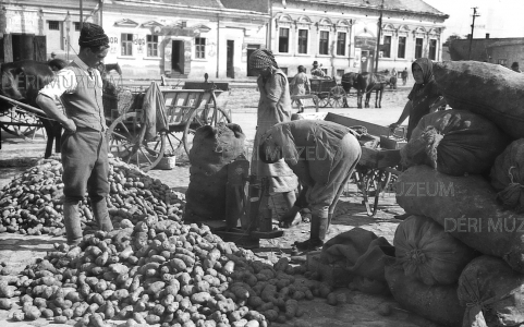 Burgonyavásár (krumpli, zsák, szekér, mérleg, piac, bormérés, kocsma) 1930-as évek Ecsedi István felvétele