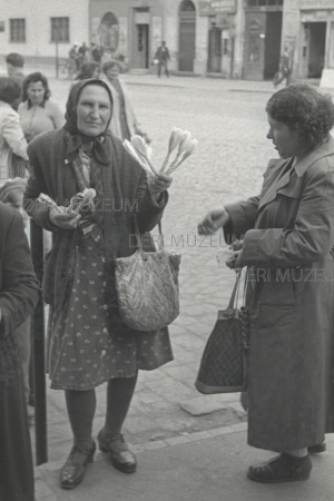 Asszony kalácskenő tollat árul a Csapó utcán 1956. június Béres András felvétele